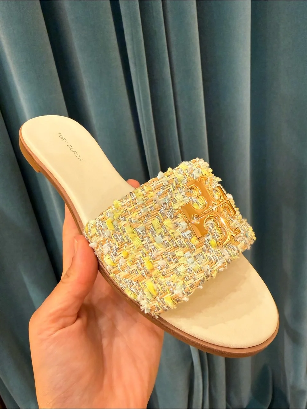 Tory Burch Everly Tweed Flat Slide Sandals Gold Logo Multicolor